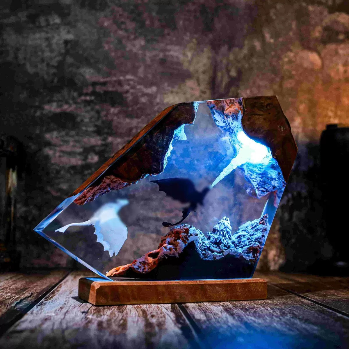 Mythical Dragon Resin Wood Night Light – Toothless & Light Fury Inspired Diorama Lamp