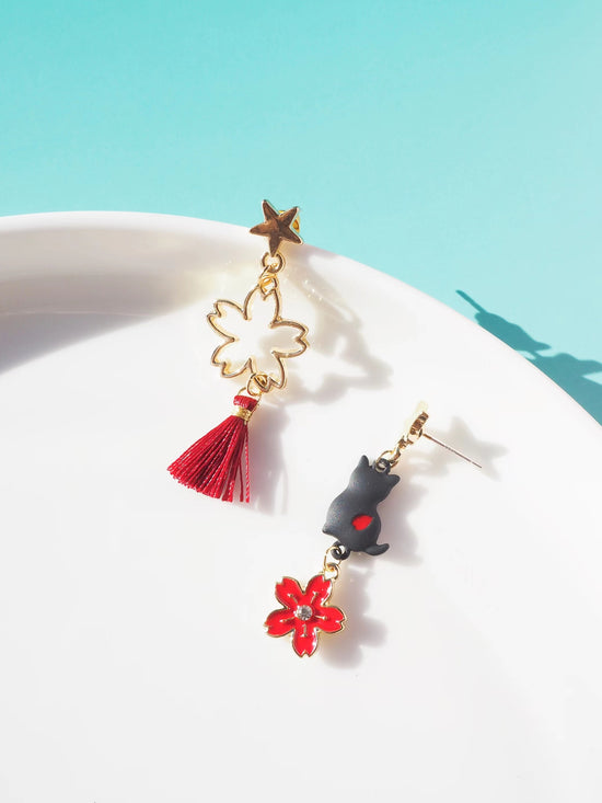 Black Cat And Flower Drop Earrings