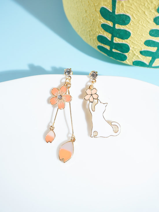 Cat And Flower Drop Earrings