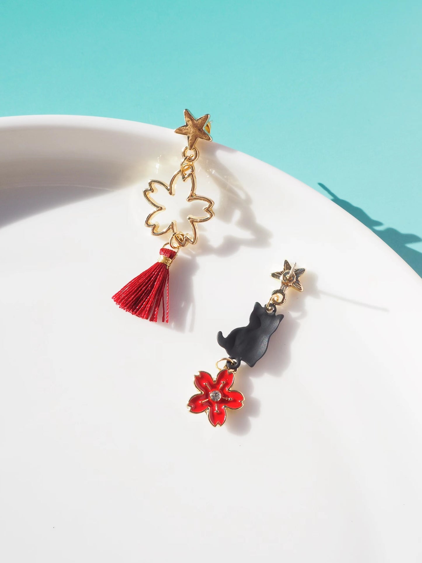 Black Cat And Flower Drop Earrings