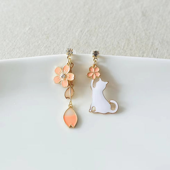 Cat And Flower Drop Earrings