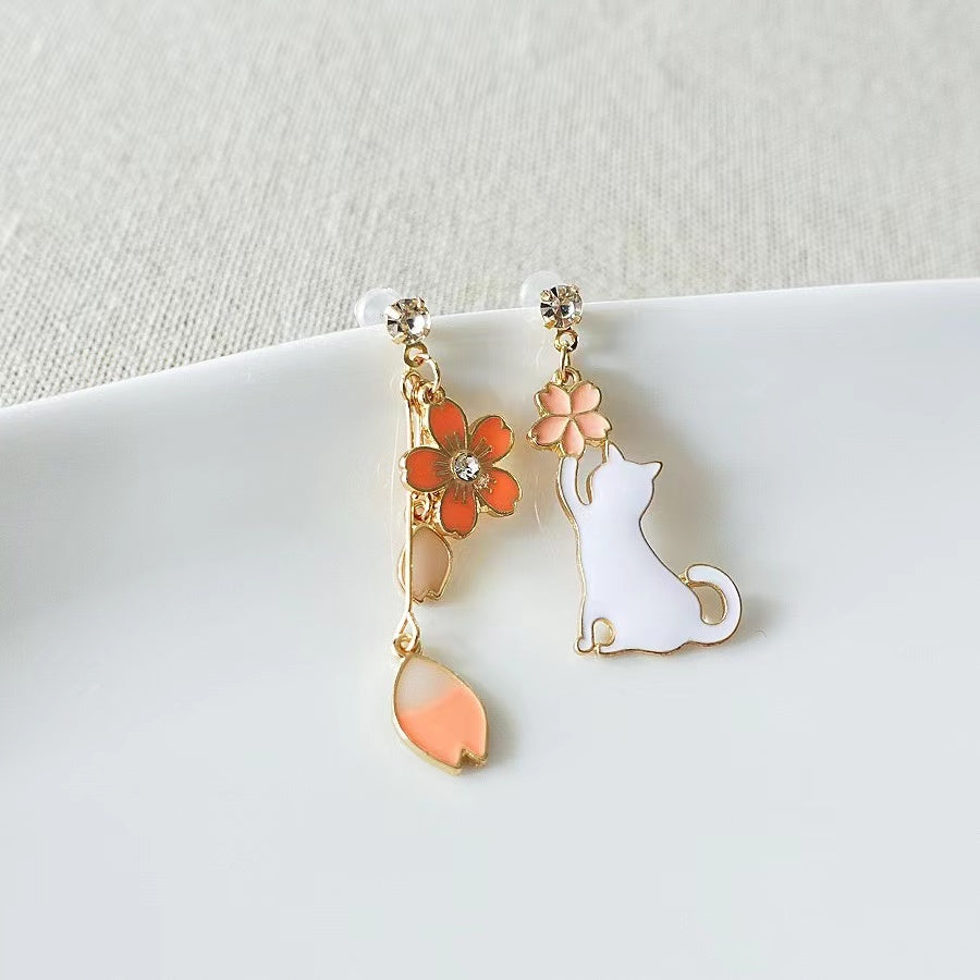 Cat And Flower Drop Earrings