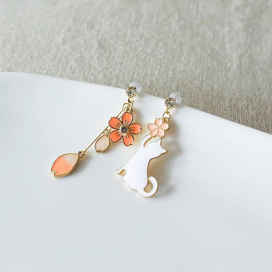 Cat And Flower Drop Earrings