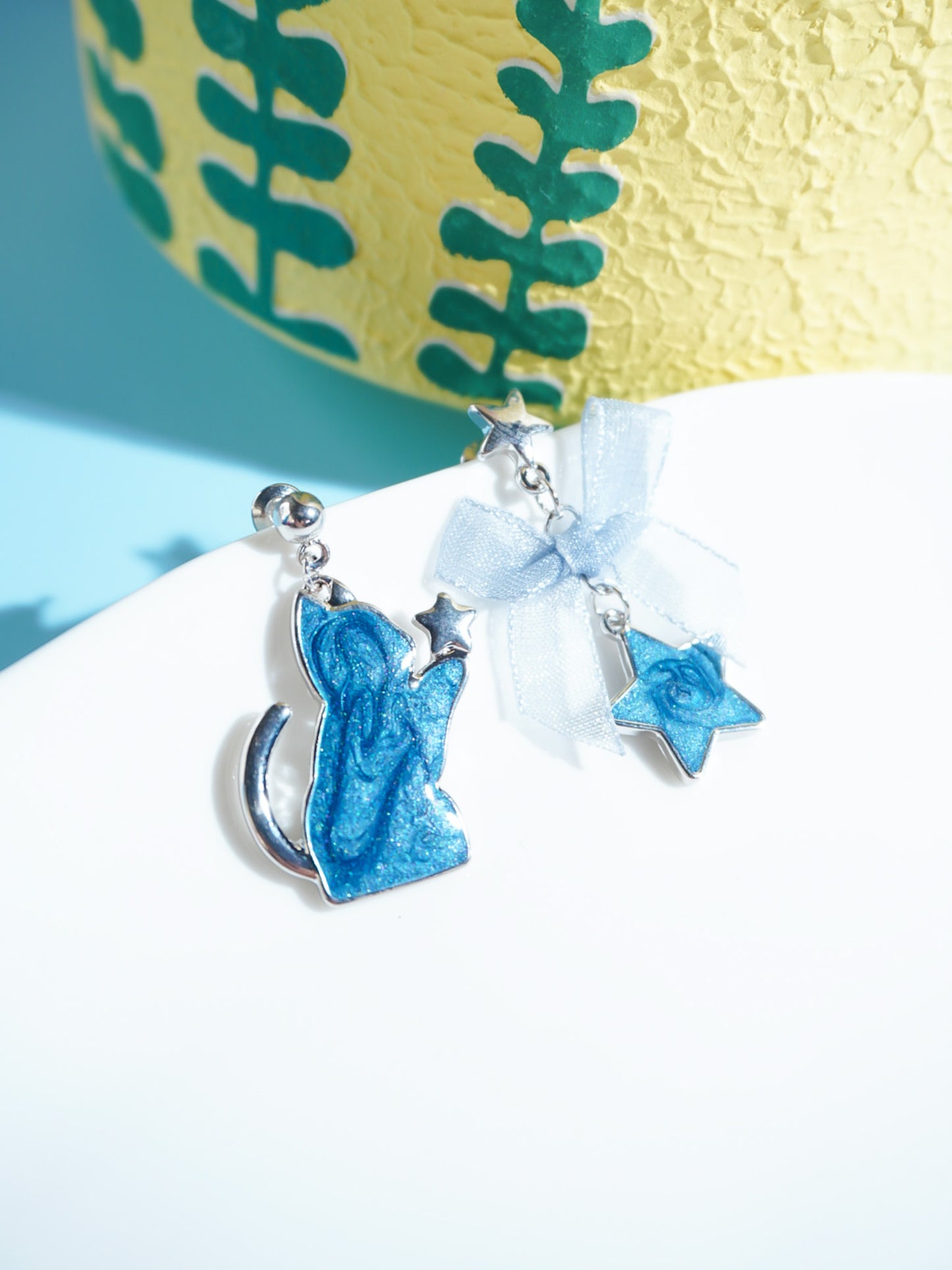 Blue Cat And Star Drop Earrings