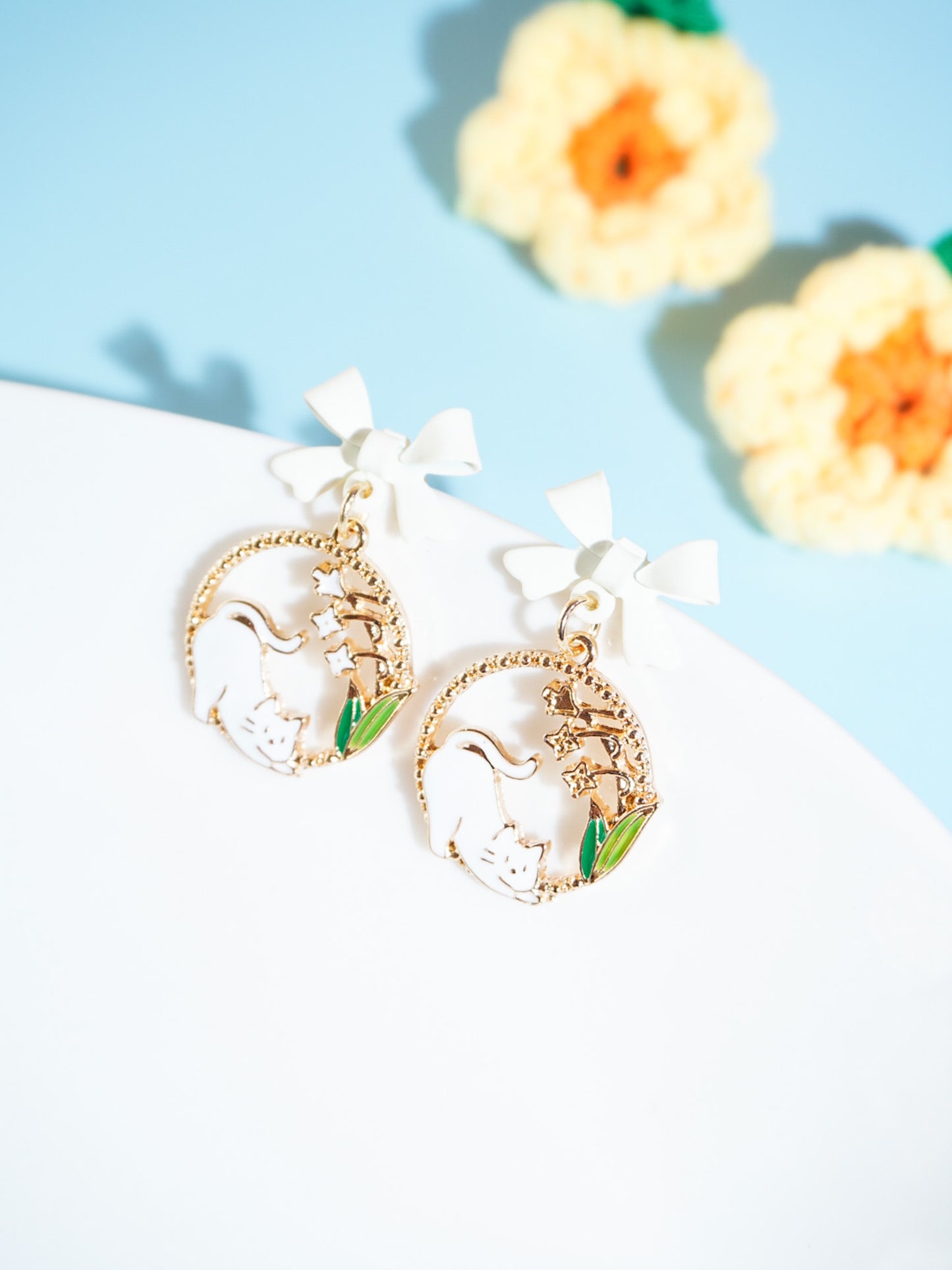 Gold Plated Cat And Flower Earrings