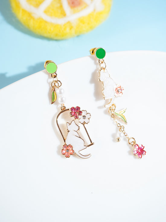 Cat And Flower Drop Earrings