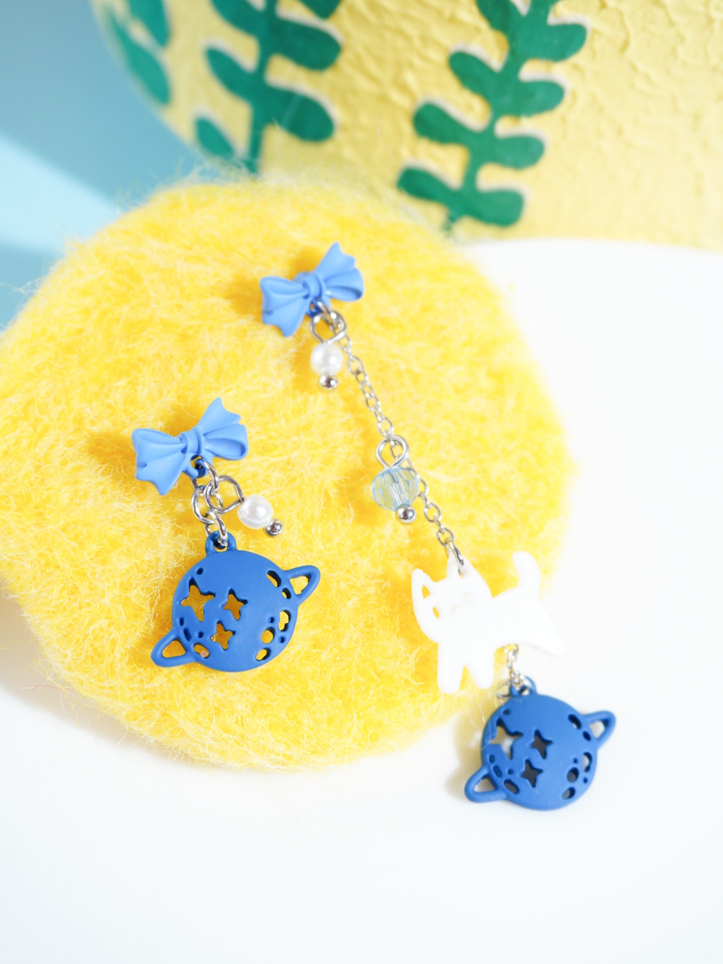 Cat And Planet Drop Earrings