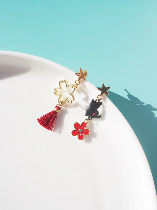 Black Cat And Flower Drop Earrings