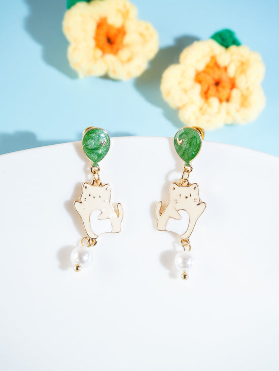 Gold Plated Cat And Balloon Drop Earrings