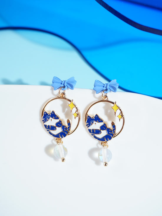 Gold Plated Cat And Bowknot Drop Earrings