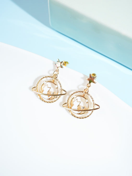 Gold Plated Cat And Star Drop Earrings