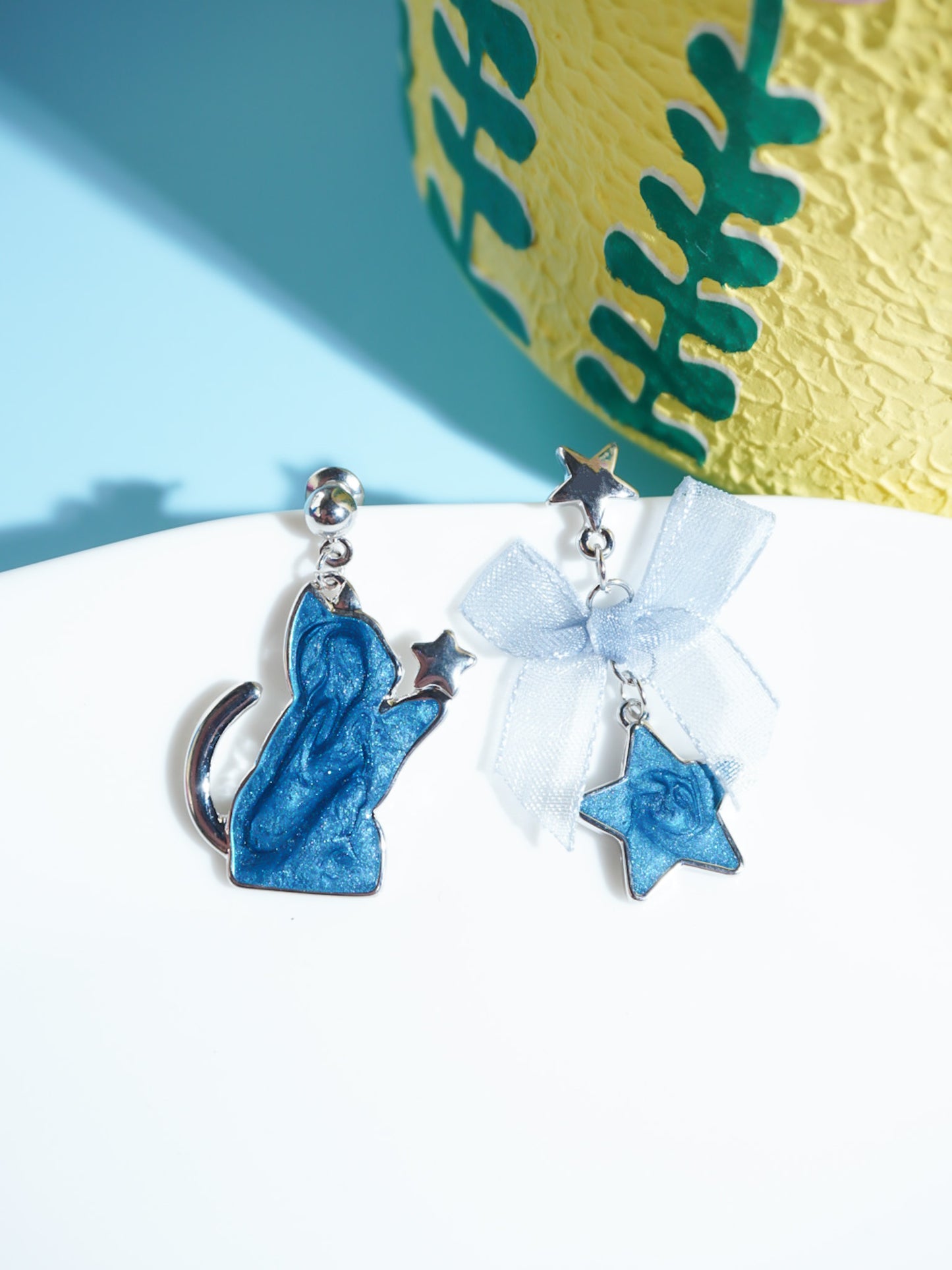 Blue Cat And Star Drop Earrings