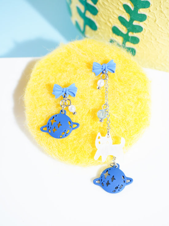 Cat And Planet Drop Earrings