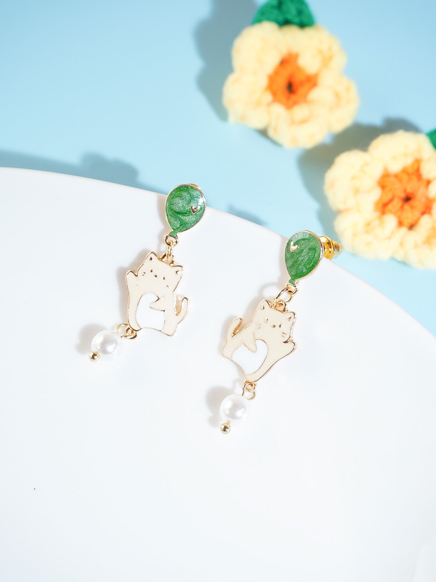 Gold Plated Cat And Balloon Drop Earrings