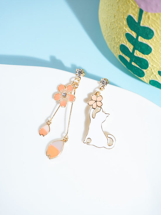 Cat And Flower Drop Earrings